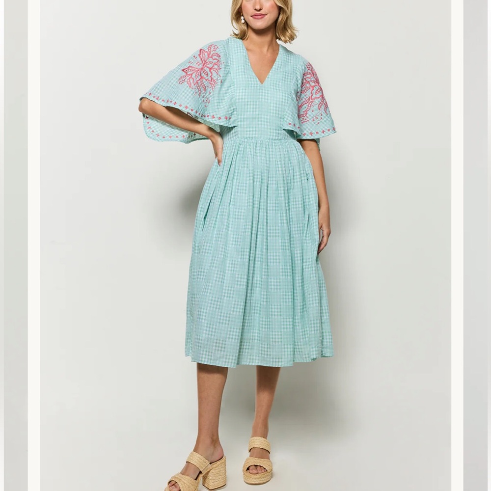 Fanm Mon Tunus Dress Midi Floral Embroidered Green Checker Plaid Small NWT NEW